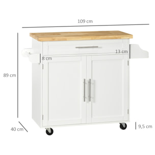 Isla de Cocina con Ruedas, Carro de Cocina con Cajón, 2 Puertas, Especiero, Barra para Paños y Estante Ajustable, para Comedor, 109x40x89 cm, Blanco