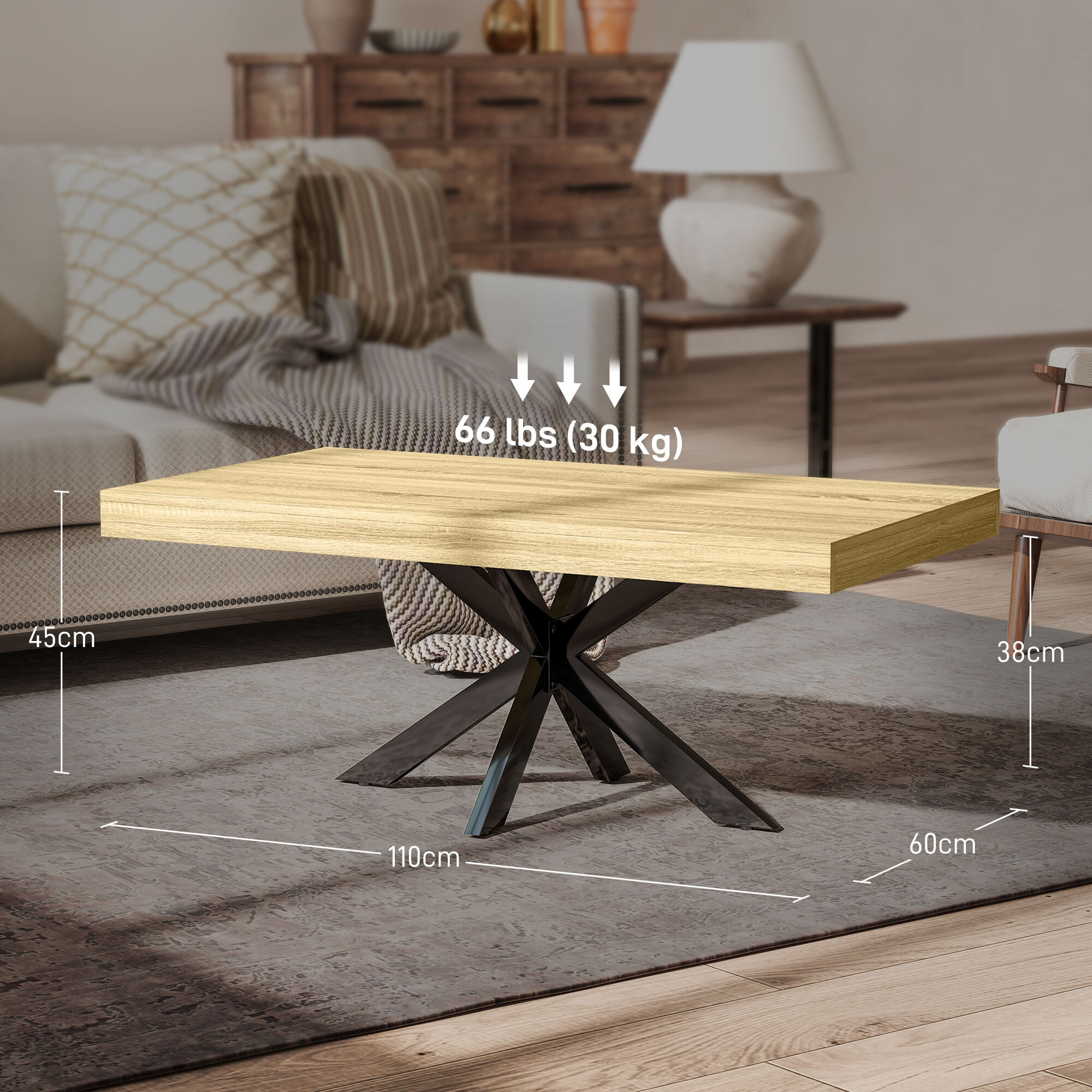 Table basse rectangulaire design industriel - dim. 110L x 60l x 45H cm - métal noir aspect chêne clair