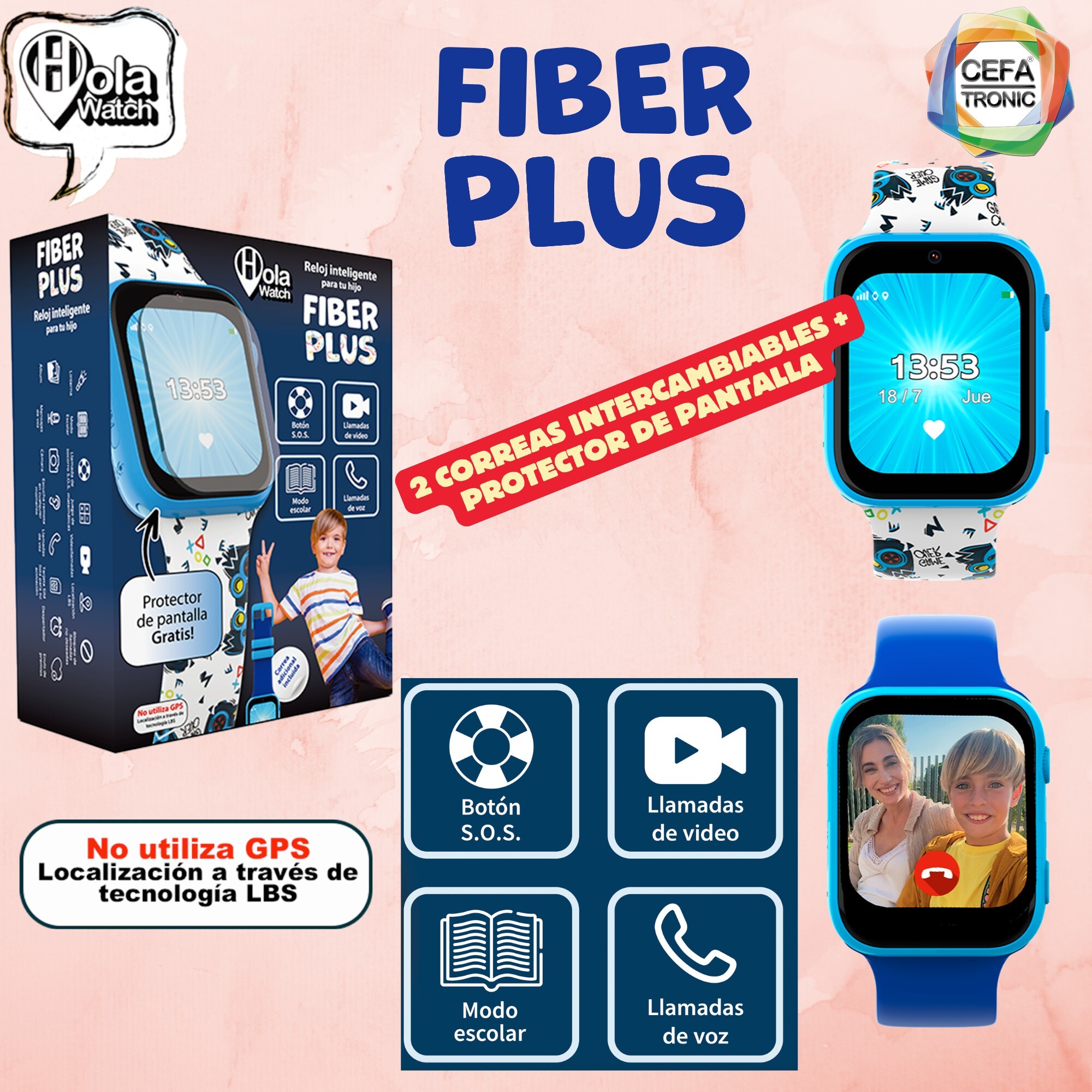 RELOJ INTELIGENTE HOLAWATCH " FIBER+BLUE" CON CORREAS INTERCAMBIABLES Y PROTECTOR DE PANTALLA