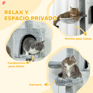 Árbol para Gatos de Suelo a Techo de 225-255 cm Árbol Rascador para Gatos con Altura Ajustable Plataformas Cueva Cama Hamaca Rampa Bolas Juguetes Gris