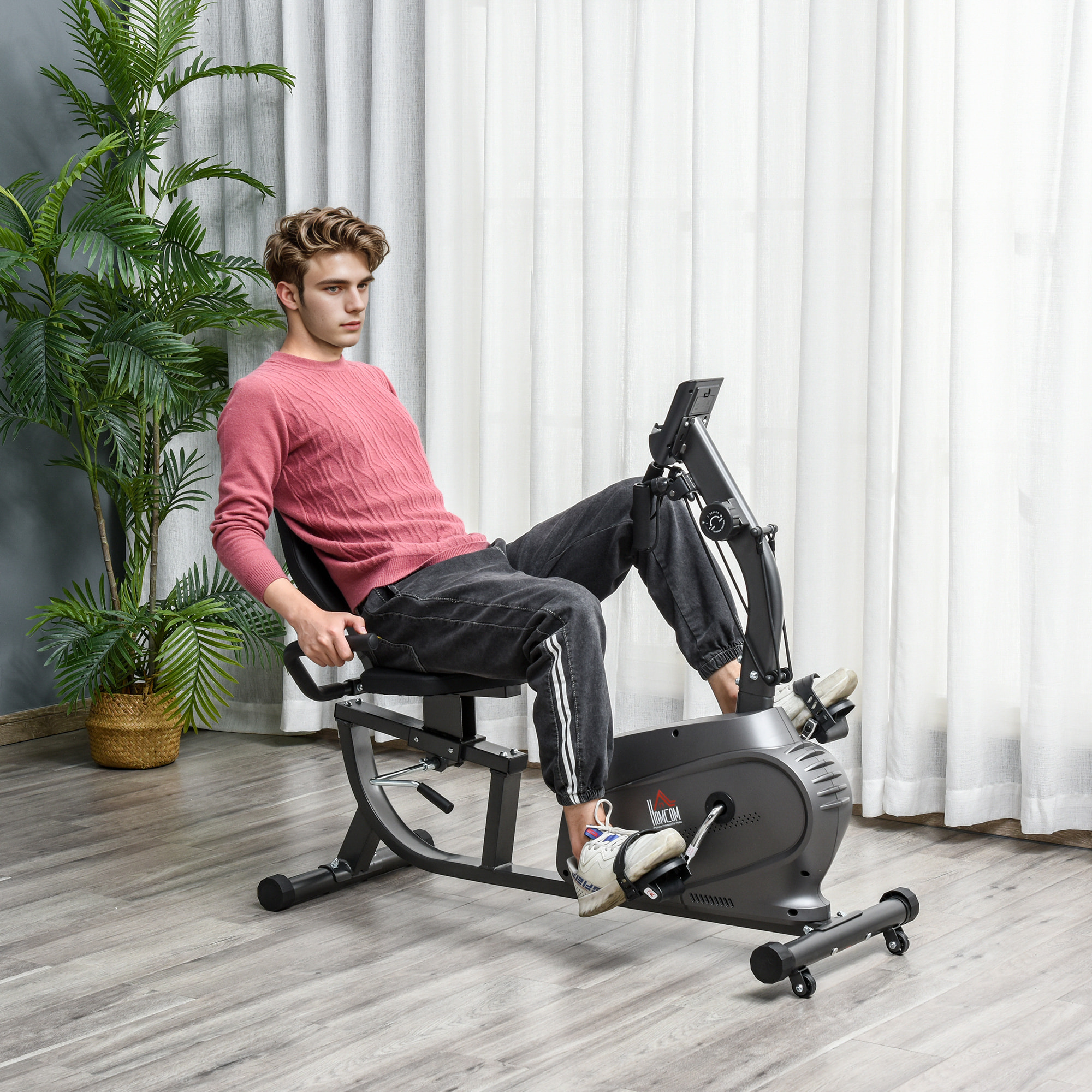 Bicicleta Estática con Respaldo, 8 Niveles de Resistencia, Bicicleta Estática Reclinadas, con Volante Asiento Ajustable, Pantalla LCD y Soporte de Teléfono, para Entrenamientos de Recuperación