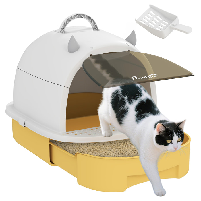 Arenero para Gatos Cubierto Caja de Arena para Gatos Arenero Cerrado con Tapa Removible Bandeja Extraíble Filtro de Carbono Pala y Asa Superior 40,5x52x39 cm Amarillo y Blanco