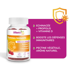 VITAMIN'22 - Gommes immunité - à Base de Vitamine D, Propolis et Échinacée - Booste les défenses immunitaires - Au délicieux goût de cerise - 60 gommes