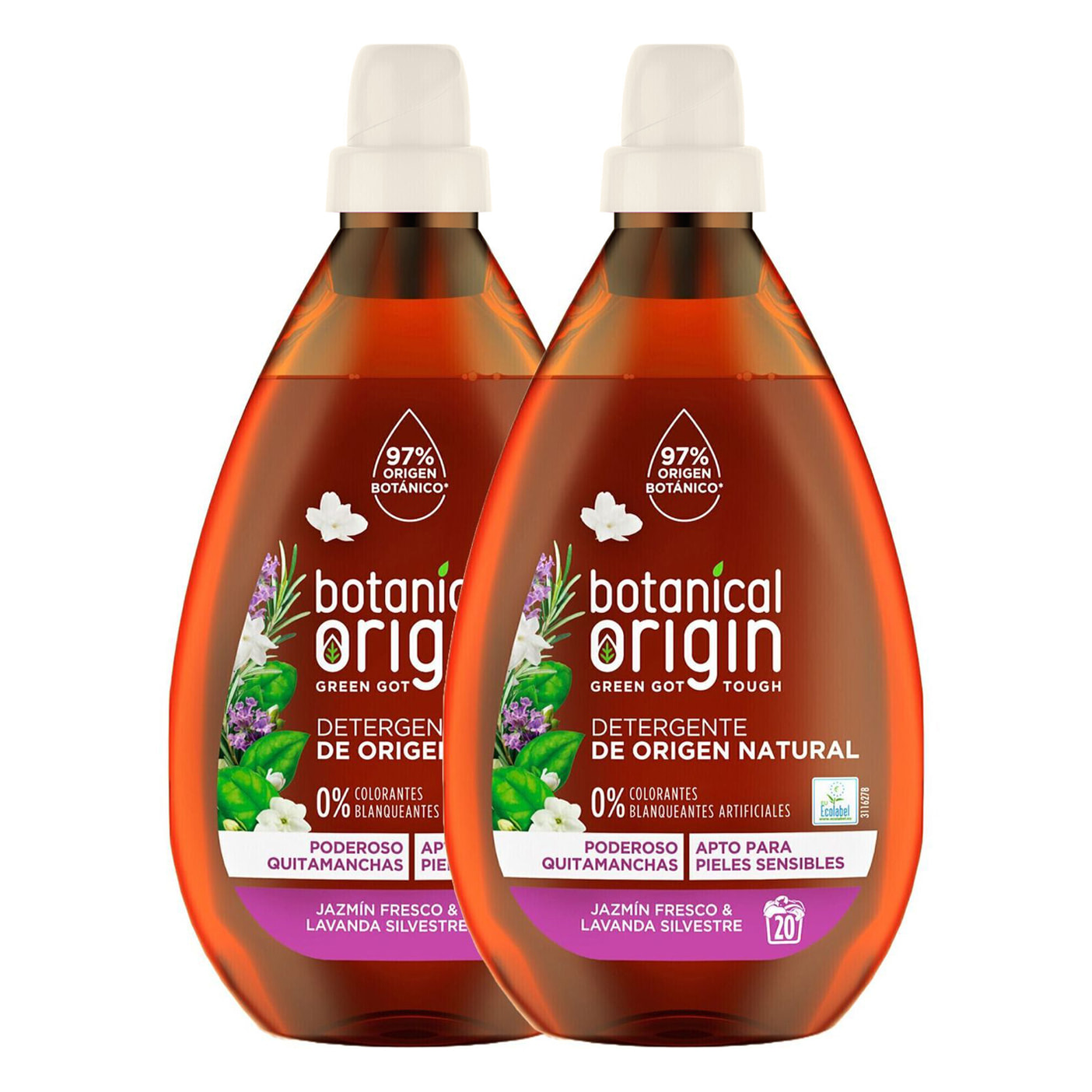 Botanical Origin Detergente para la ropa Ecológico fragancia Jazmín Fresco y Lavanda Silvestre 40 lavados (2x20 dosis)