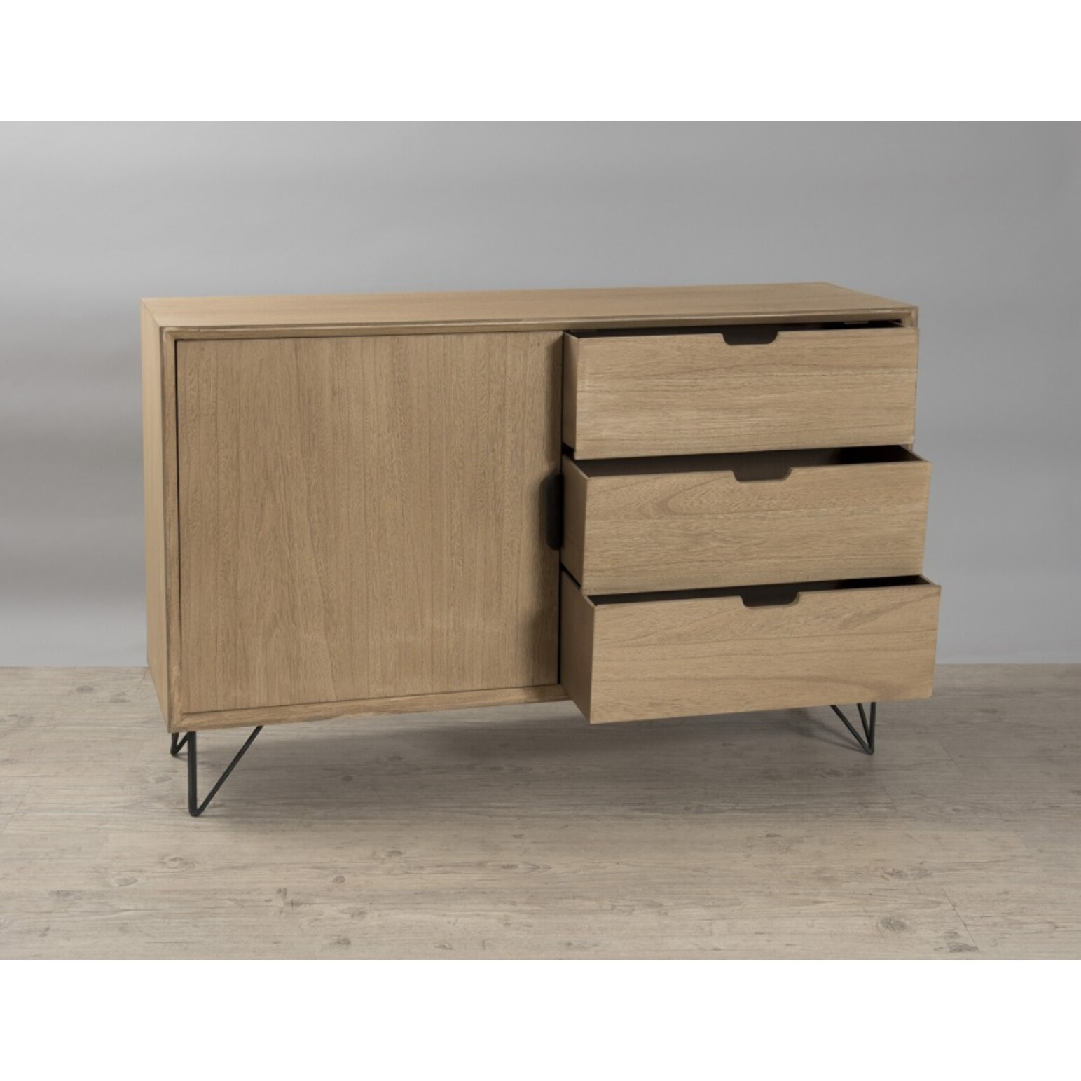 MARGAUX - Buffet bois naturel 1 porte 3 tiroirs pieds épingles métal noir