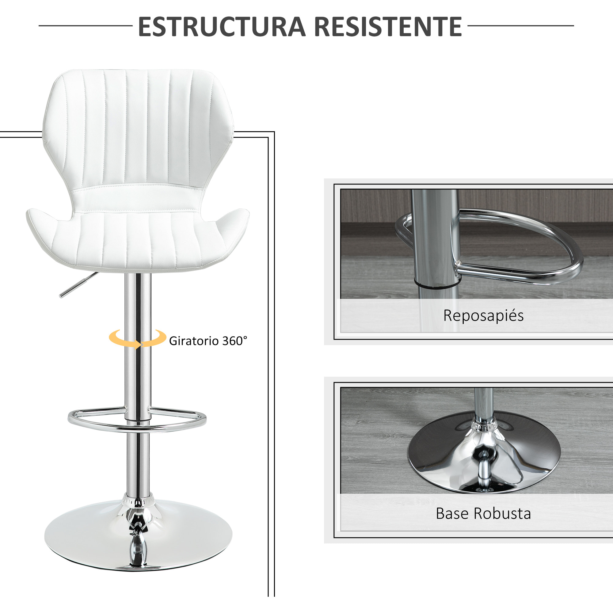 HOMCOM Juego de 2 Taburetes Altos de Cocina y Giratorio Taburetes Altos de Cuero Sintético con Respaldo y Estructura de Metal 47x51,5x91,5-113,5 cm Blanco