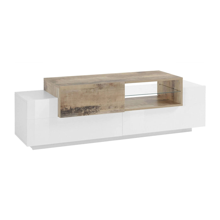 Mobile porta TV Andris, Credenza bassa da soggiorno, Base porta televisione, 100% Made in Italy, cm 160x45h51, Bianco lucido e Acero
