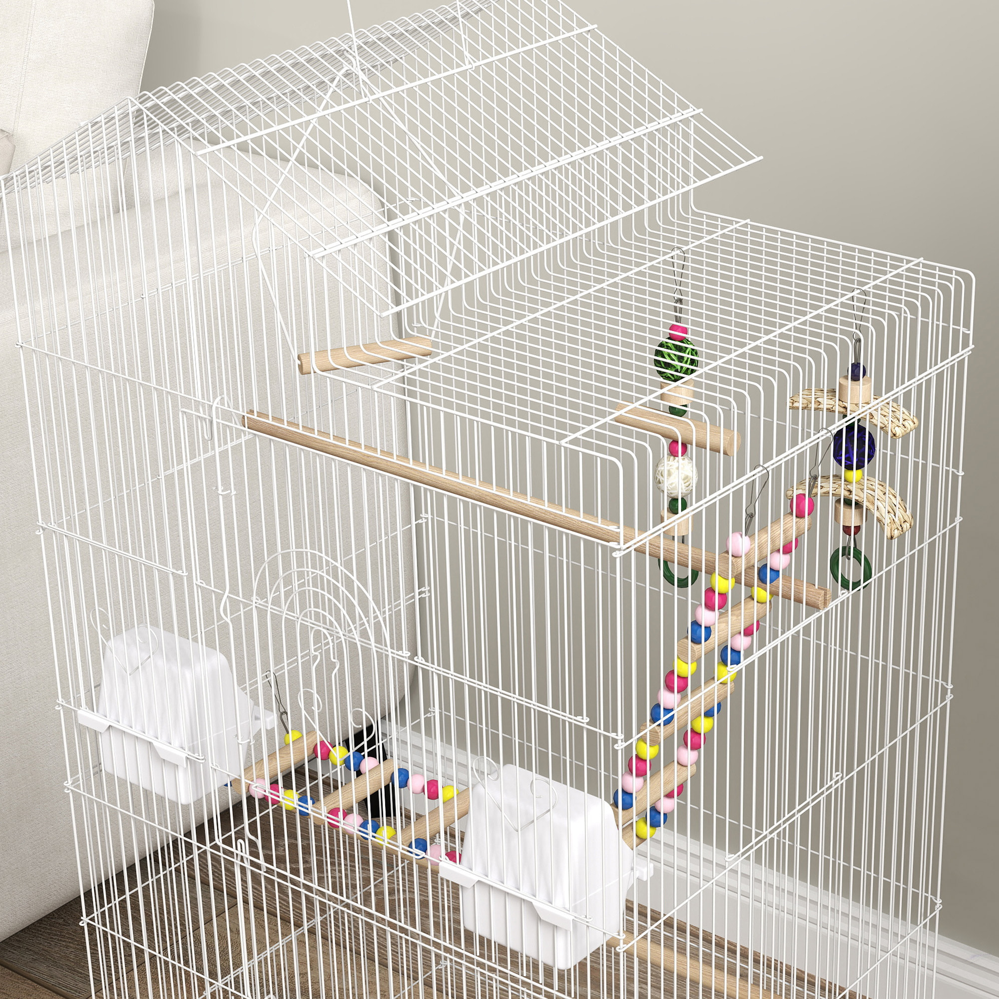 Jaula para Pájaros Pajarera con Múltiples Puertas 4 Comederos 3 Perchas Columpio Escaleras y Bandeja Extraíble para Loros Canarios Periquitos 46x36x100 cm Blanco