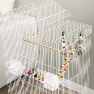 Jaula para Pájaros Pajarera con Múltiples Puertas 4 Comederos 3 Perchas Columpio Escaleras y Bandeja Extraíble para Loros Canarios Periquitos 46x36x100 cm Blanco