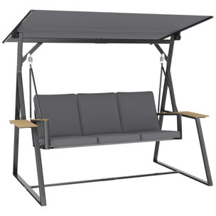 Columpio de Jardín de 3 Plazas, Balancín de Jardín Exterior con Techo Ajustable UPF50+, 2 Bandejas, Cojines y Marco de Metal, para Balcón, Terraza, Patio, Carga 360 kg, 222x131x175 cm, Gris