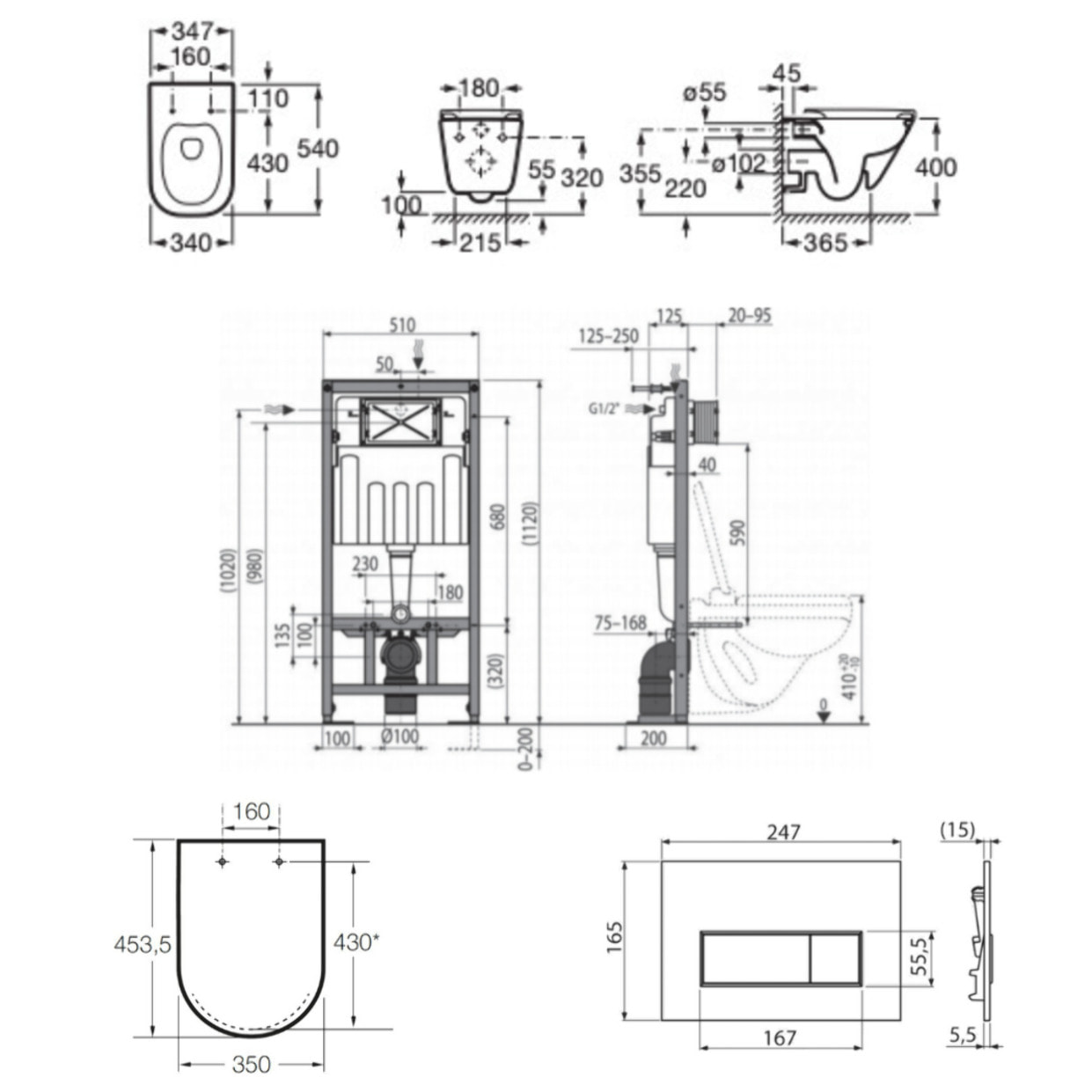 Pack WC bâti-support autoportant + WC suspendu sans bride avec abattant SoftClose + plaque or mat (STROGAWR08-U)