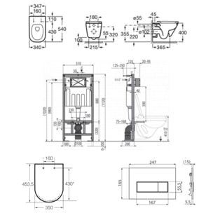 Pack WC bâti-support autoportant + WC suspendu sans bride avec abattant SoftClose + plaque or mat (STROGAWR08-U)