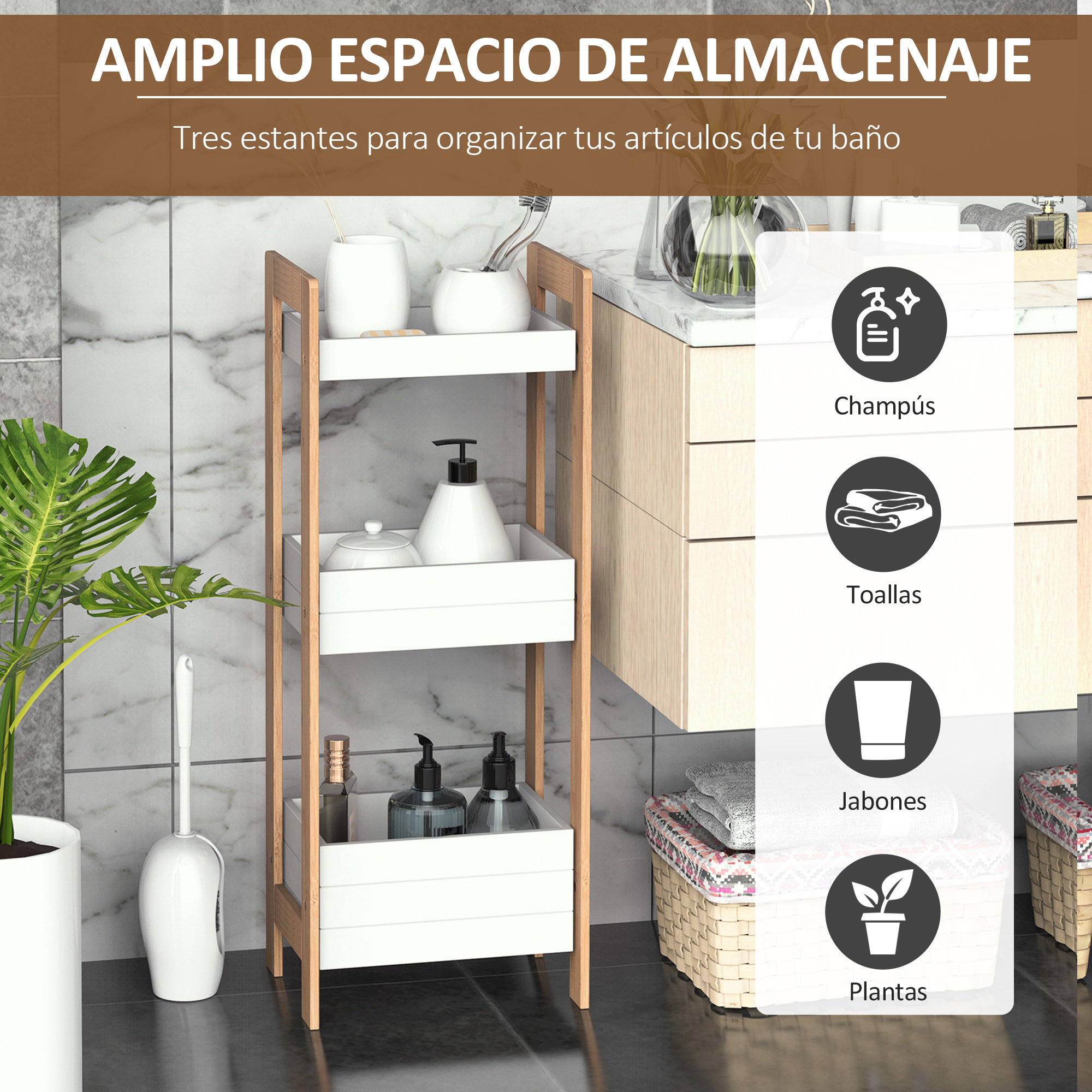 Estantería de Baño con 3 Estantes Bambú Cocina 27,5x20,8x74 cm Blanco y Natural