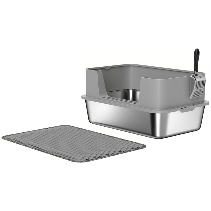 Maison de toilette XL bac litière acier inox tapis pelle gris clair