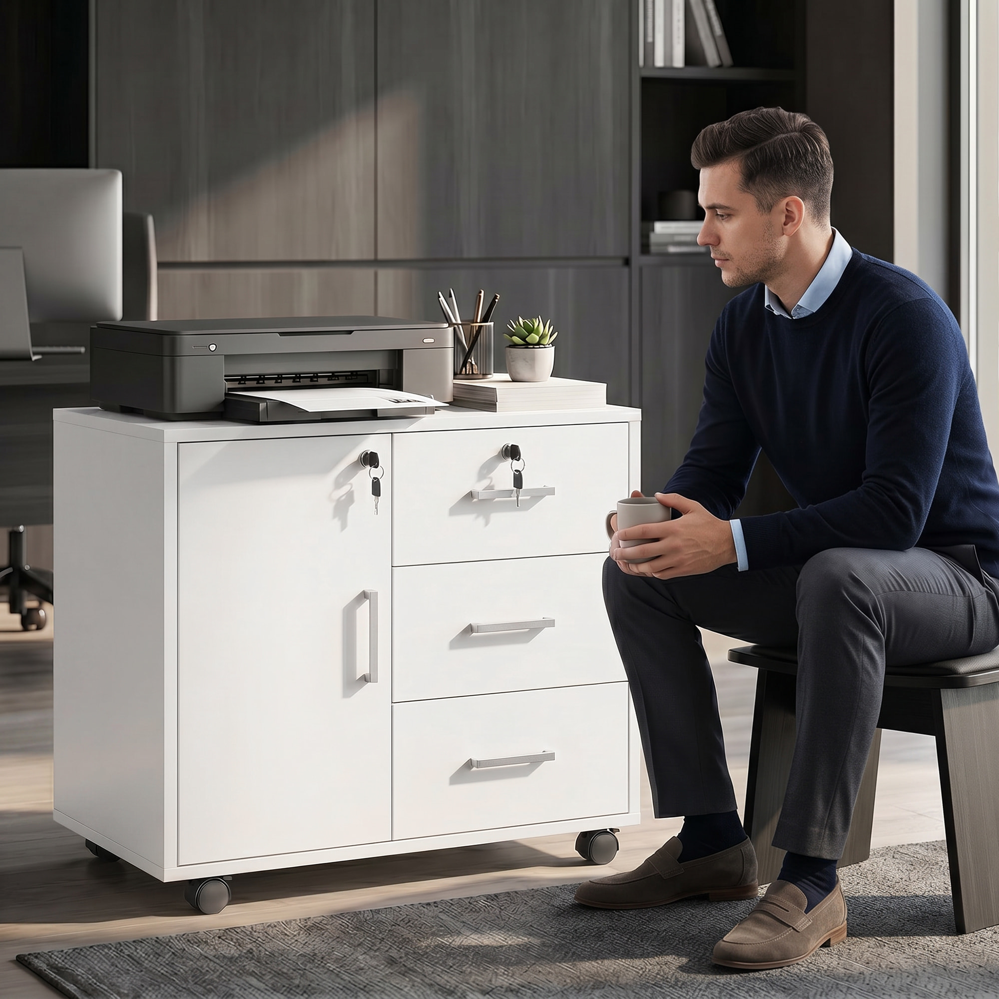 Mueble para Impresora con Ruedas, Mesa para Impresora con Puerta y 3 Cajones, Cerraduras, Estante Ajustable, Archivador Móvil para Oficina en Casa, 60x40x56 cm, Blanco