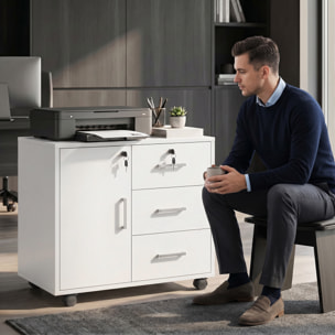 Mueble para Impresora con Ruedas, Mesa para Impresora con Puerta y 3 Cajones, Cerraduras, Estante Ajustable, Archivador Móvil para Oficina en Casa, 60x40x56 cm, Blanco