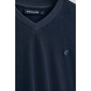 Camiseta azul marino en lino y algodón de cuello en pico y monograma bordado