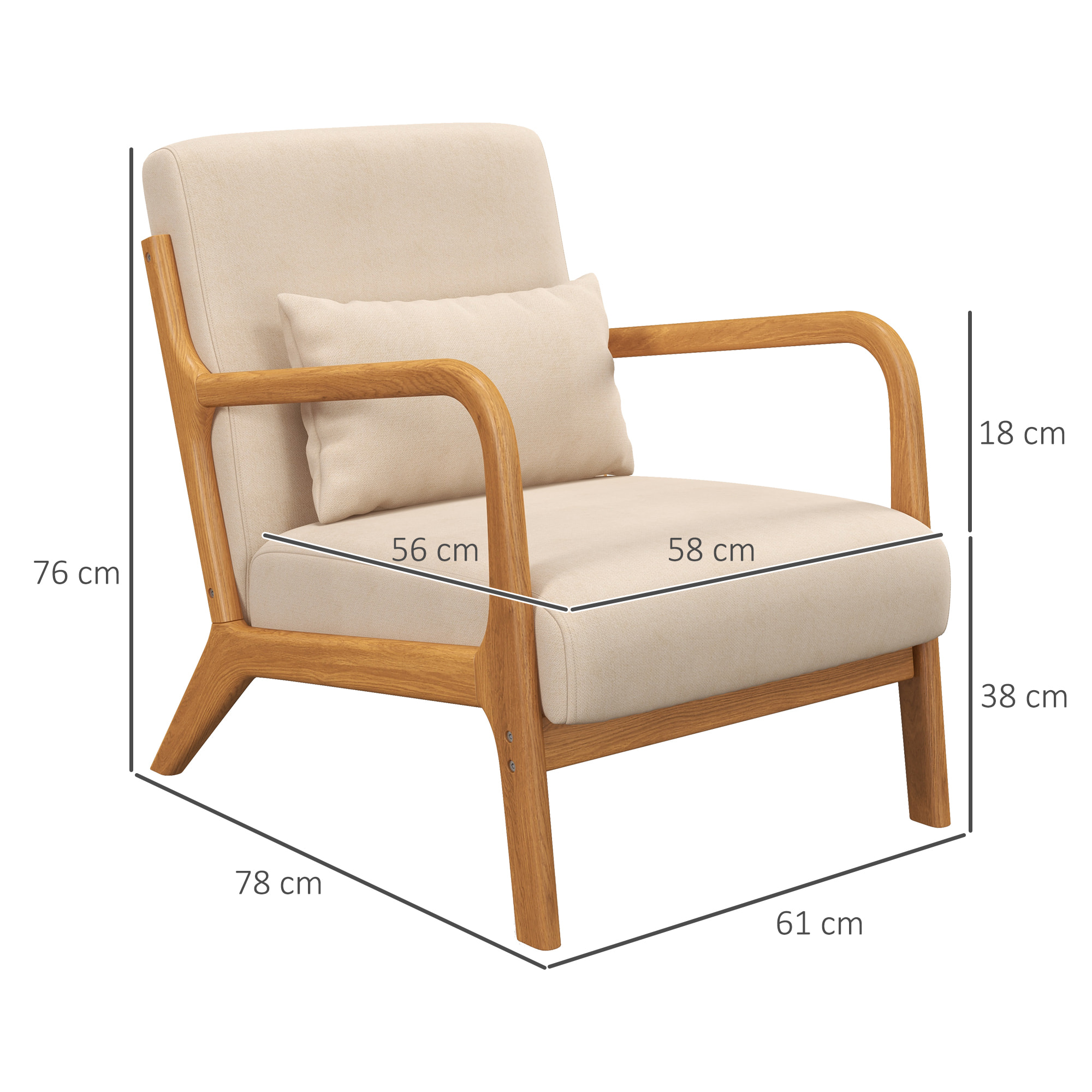 Butaca de Salón Nórdica Sillón Individual Acolchado Silla de Ocio con Reposabrazos Cojín y Marco de Madera de Caucho para Dormitorio Carga 120 kg 61x78x76 cm Beige