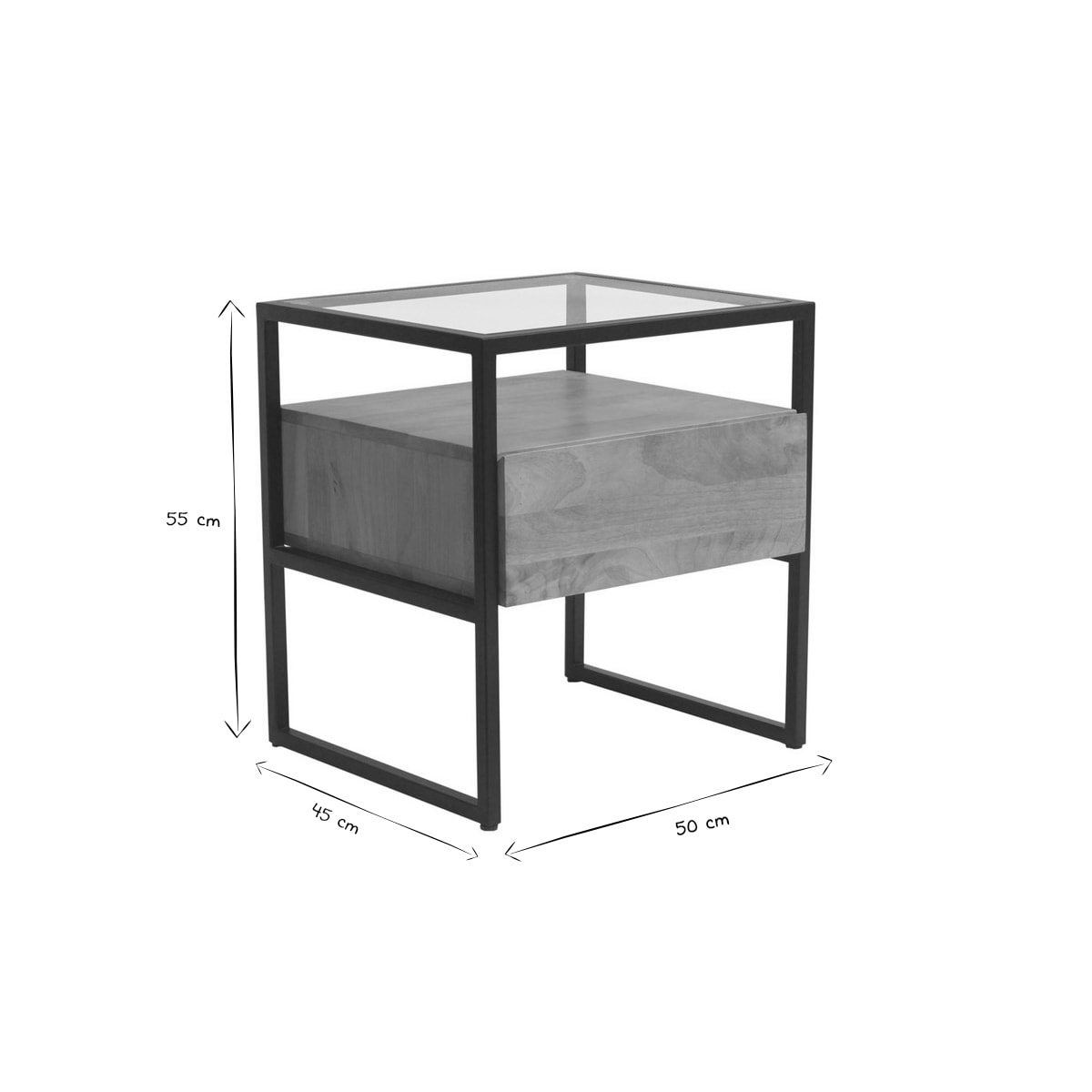 Table de chevet avec tiroir en bois manguier massif, verre et métal noir L50 cm DIYA