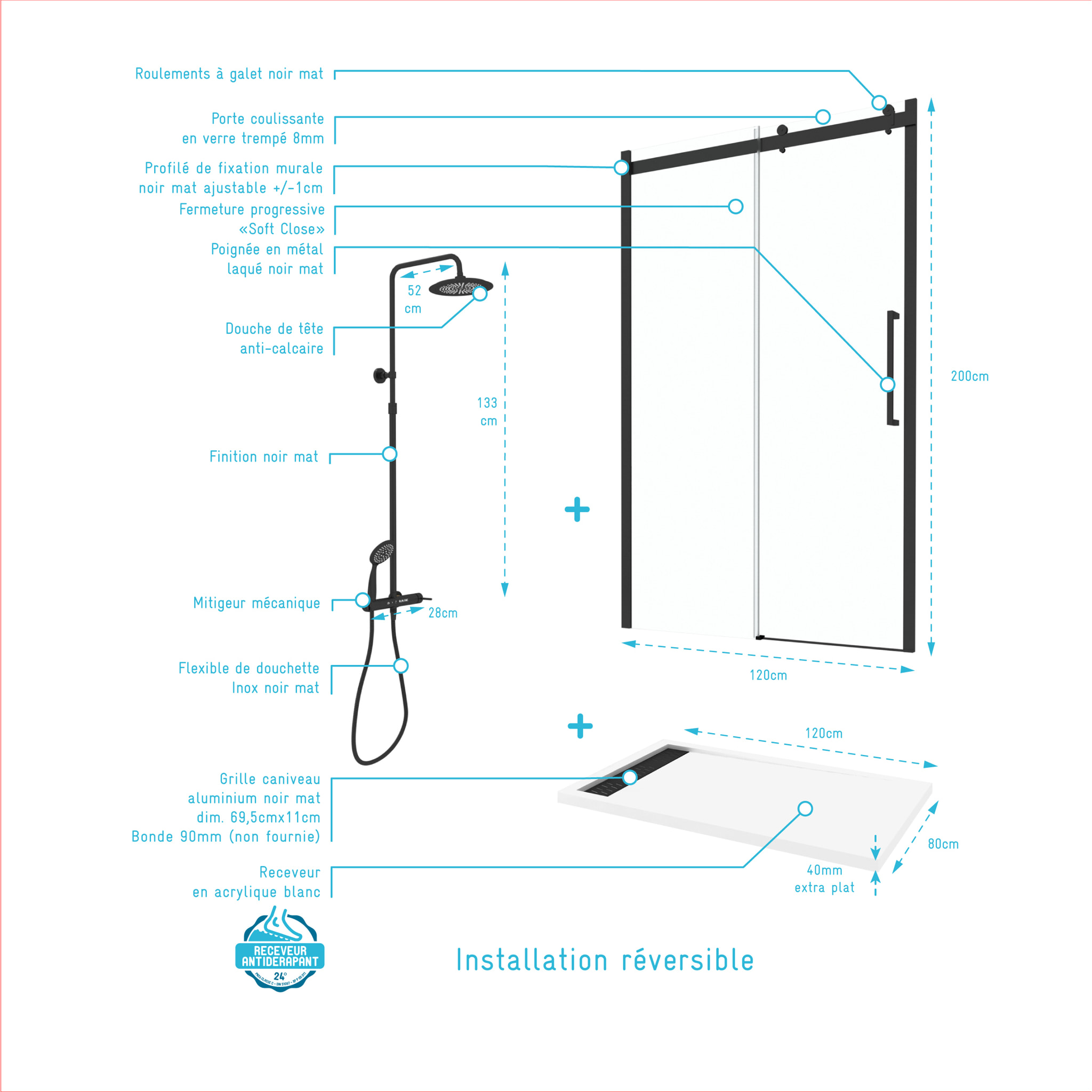 Porte de Douche Coulissante "Industriel" 120x200 + Receveur Blanc + Colonne de Douche Mécanique