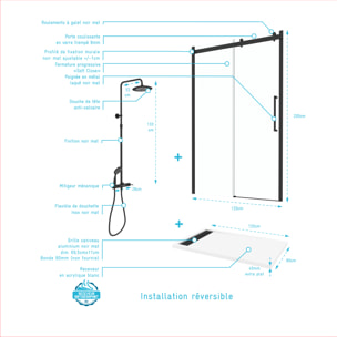 Porte de Douche Coulissante "Industriel" 120x200 + Receveur Blanc + Colonne de Douche Mécanique