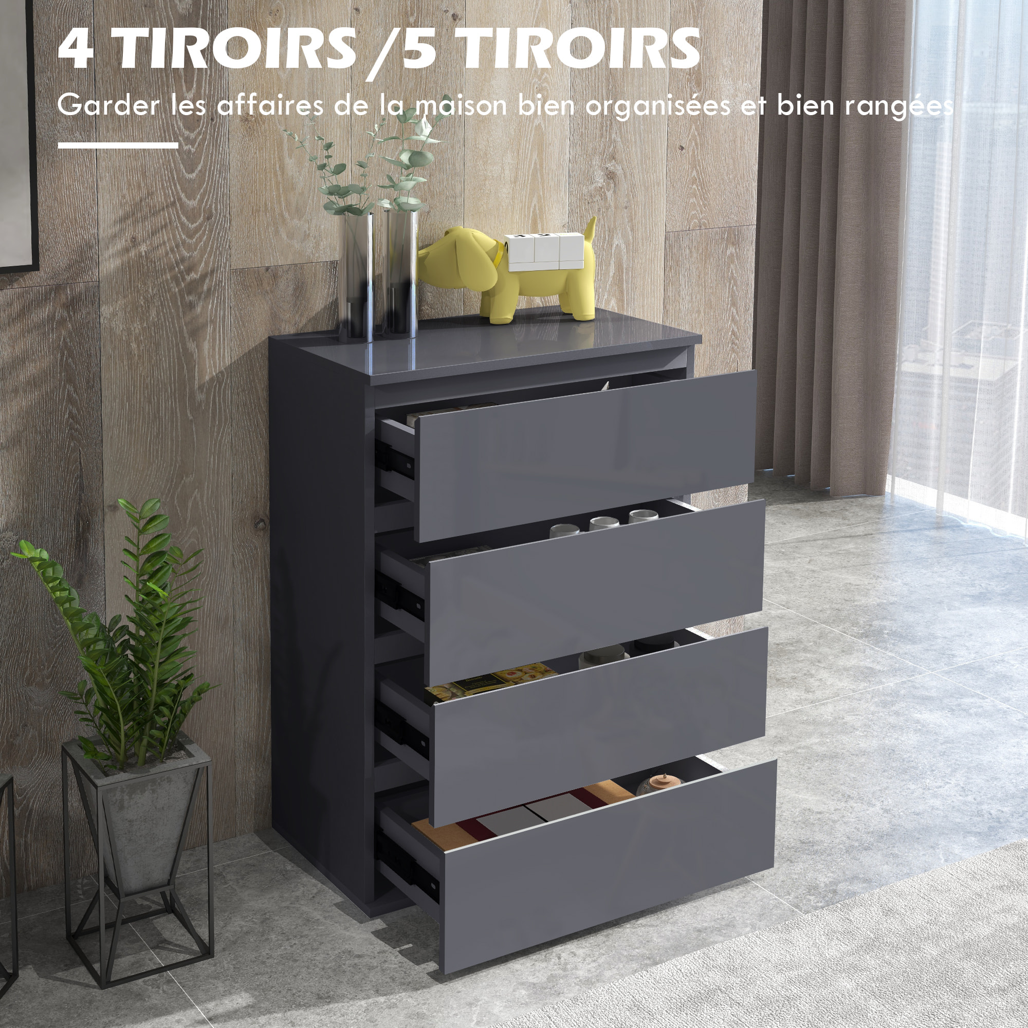 Commode 5 tiroirs style contemporain dim. 53L x 33l x 100H cm laqué gris