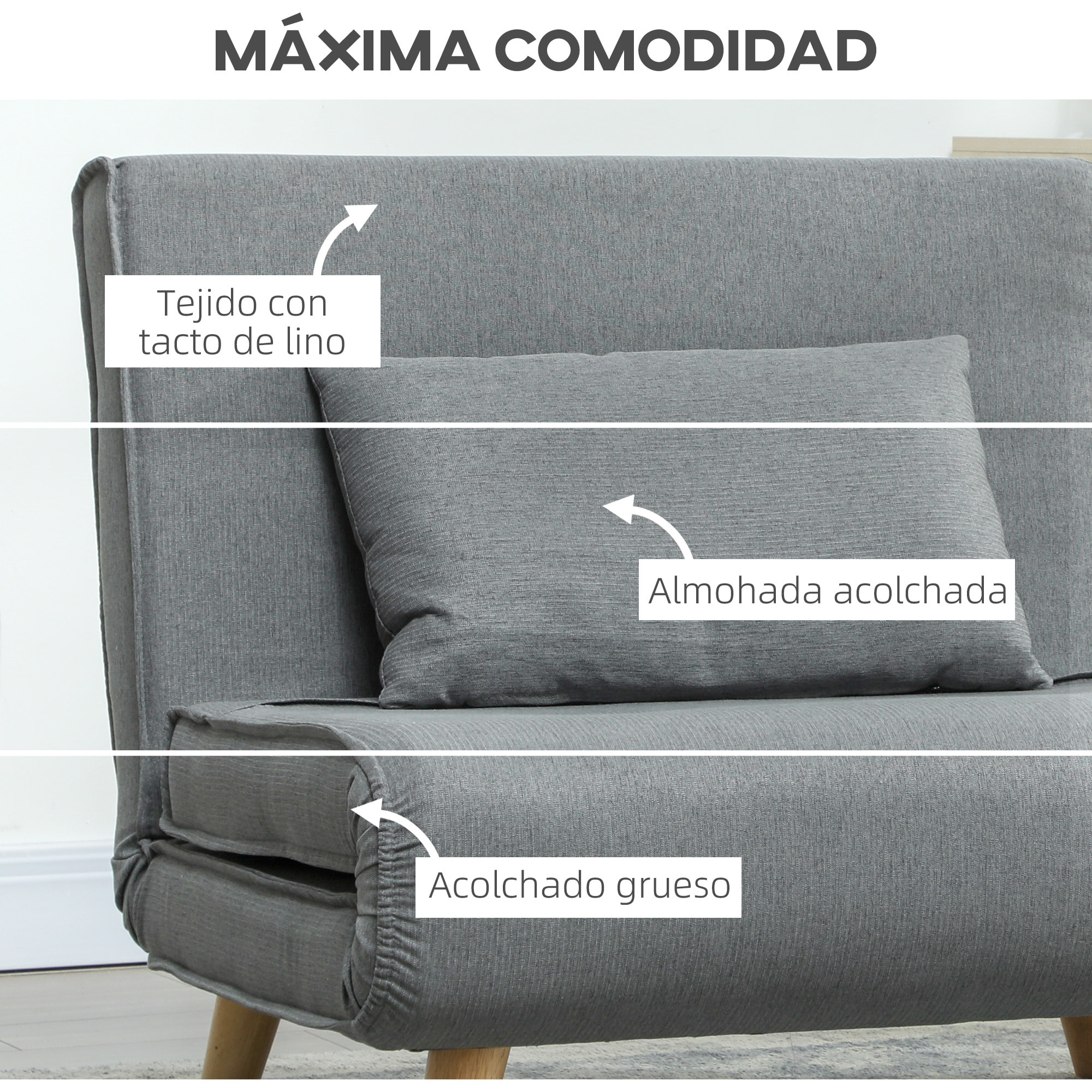 Sofá Cama de 1 Plaza 3 en 1, Sillón Cama Plegable Tapizado en Lino Sintético, con Respaldo Ajustable en 6 Niveles, Almohada, Asiento Ancho, Patas de Madera, 90x78x79 cm, Gris