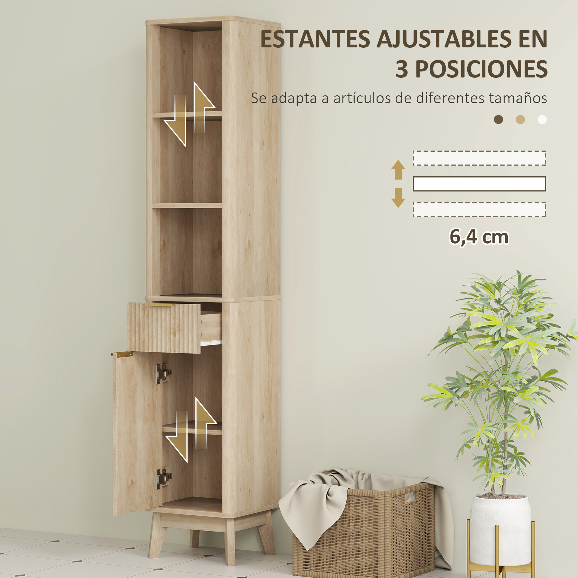 Columna de Baño Mueble de Baño Estrecho con Puerta de Acanalado Cajón 3 Compartimentos Abiertos y Estantes Ajustables Armario Alto de Baño Moderno 33x30x170 cm Natural