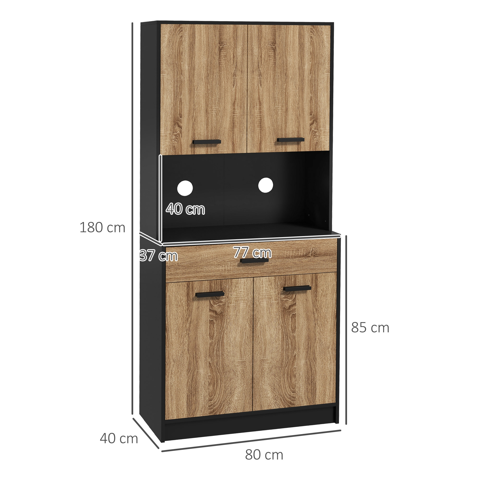 Buffet haut style industriel - 4 portes, 2 étagères, tiroir, niche - panneaux noir aspect chêne clair