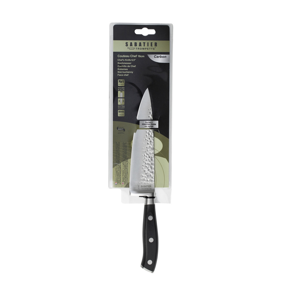 Carbon - Couteau de chef 16 cm martelé avec protection de lame