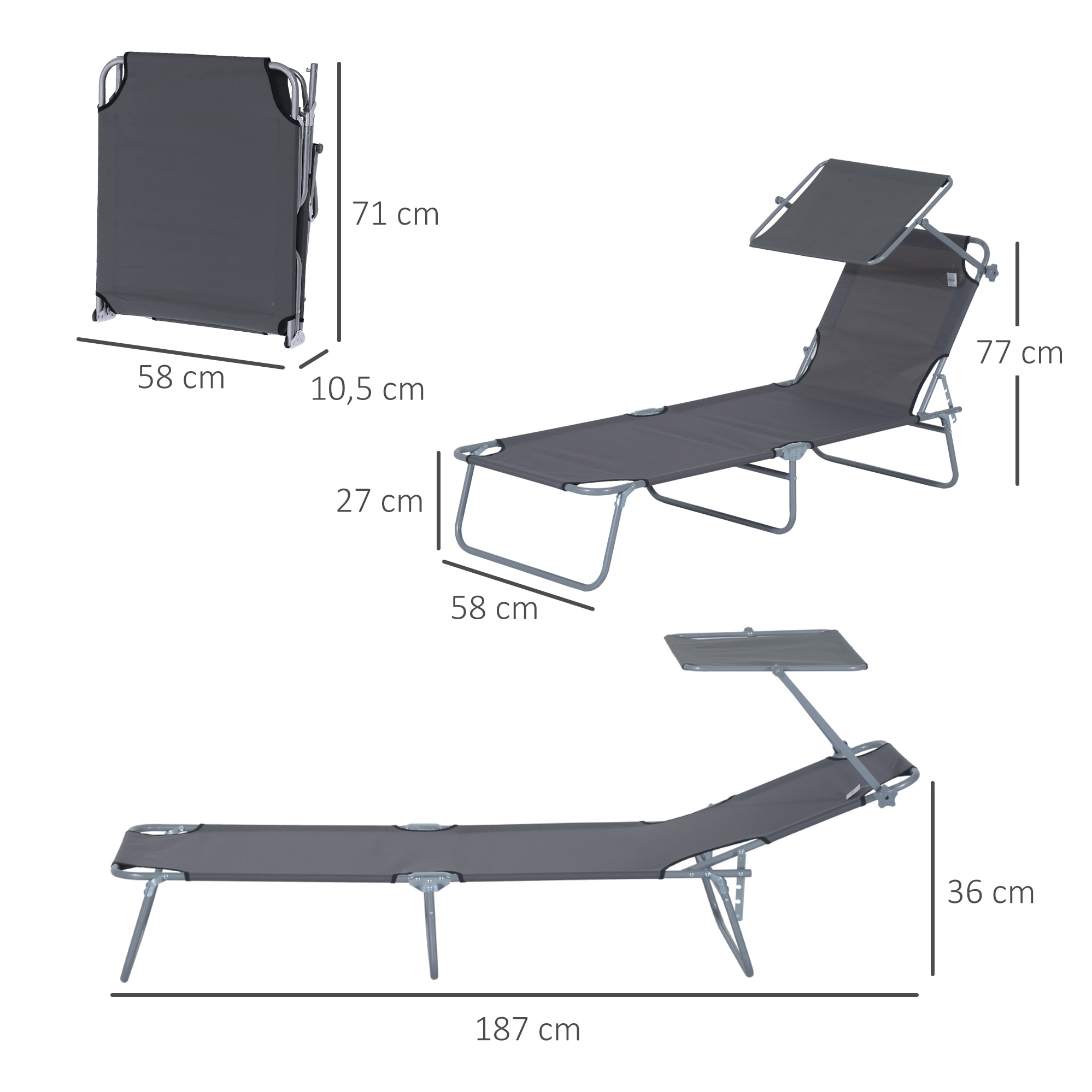 Tumbona Plegable de Oxford Hierro 187x58x27cm Gris