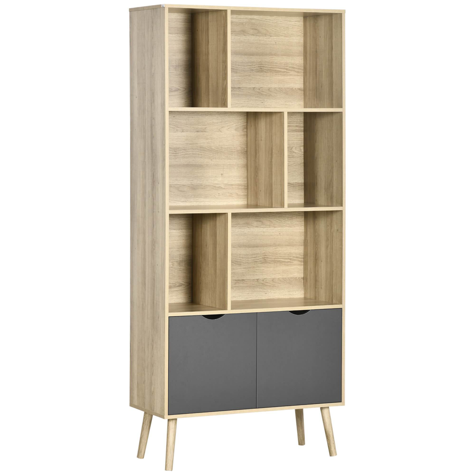 Bibliothèque design - 2 portes, 6 niches - dim. 80L x 35l x 180H cm - aspect chêne clair gris