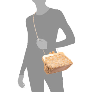 Borbera Borsa a tracolla Donna. Realizzata in legno naturale, cotone e juta con design a rete di tessuto floreale.