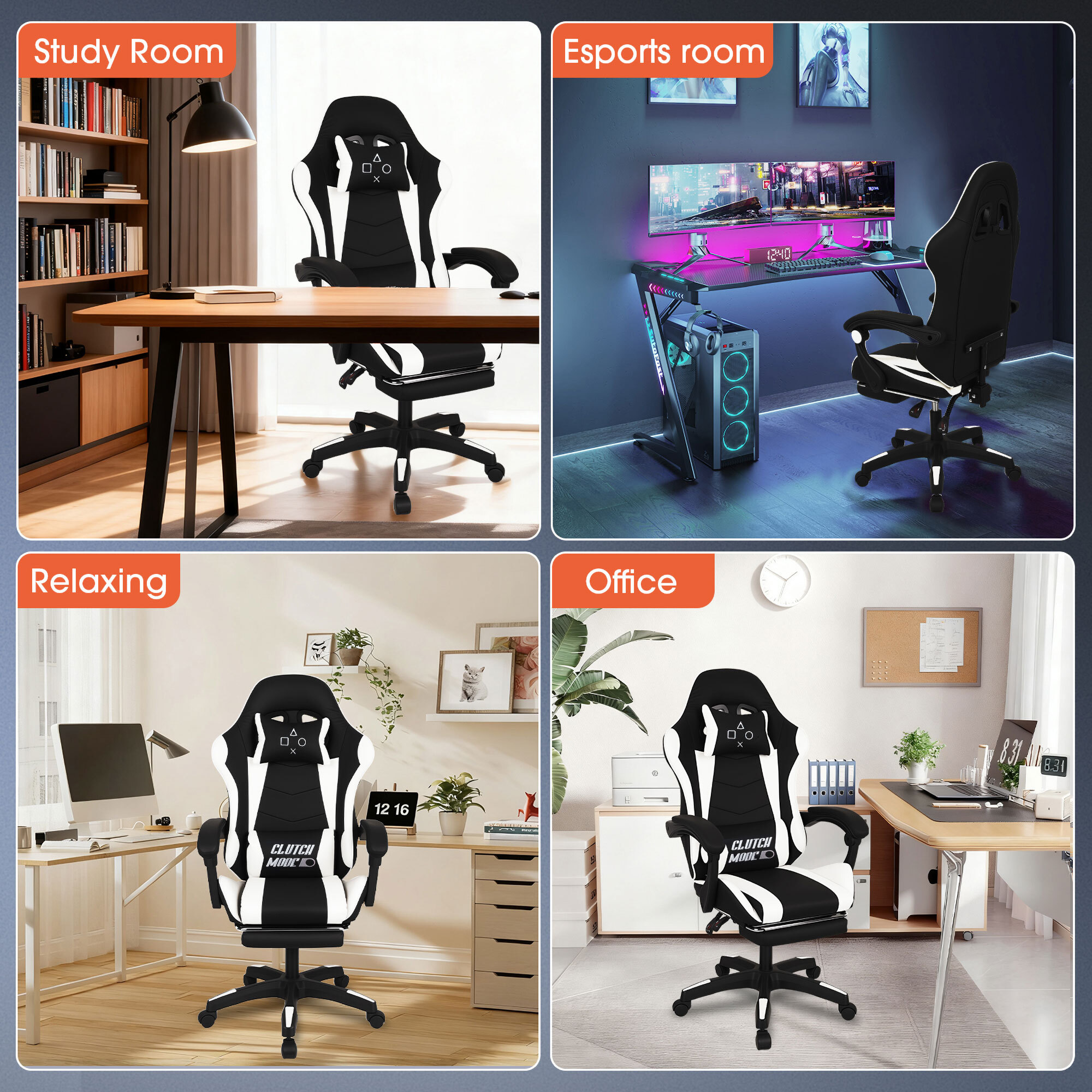 Clutch - Sedia da Gaming Ergonomica con Cuscino Lombare Poggiatesta e Poggiapiedi in PVC Nera e Bianca