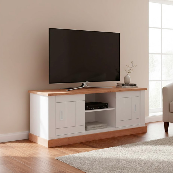 Mobile Porta TV 2 Ante Scorrevoli Con Vano A Giorno Con 2 Scomparti Interni Design Moderno Salvaspazio 145 x 46 x 60 Cm Colore Bianco E Rovere