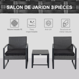 Salon de jardin 2 places 3 pièces 2 chaises avec coussins + table basse plateau verre trempé résine tressée aspect rotin noir
