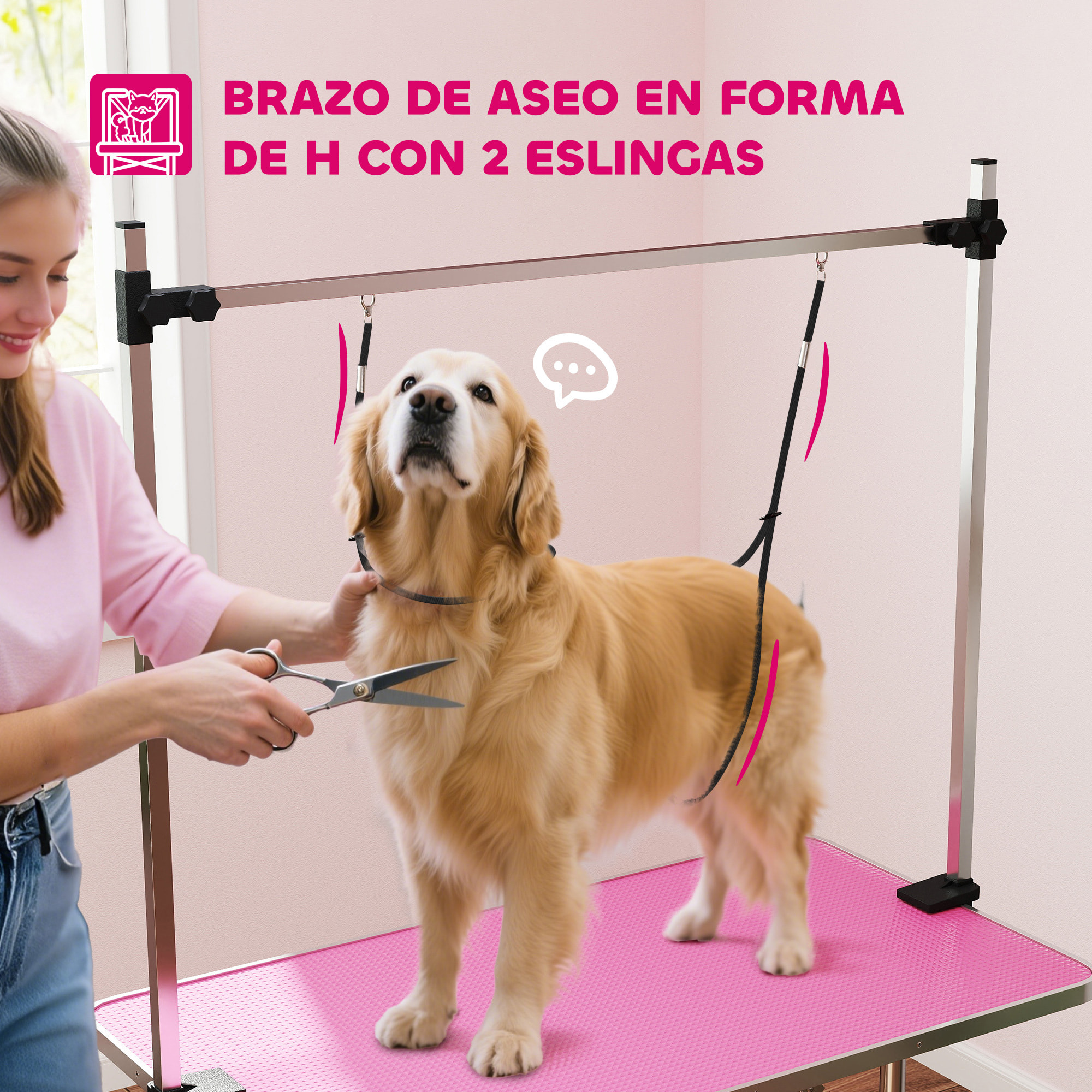 Mesa de Peluquería Canina Plegable, Mesa de Aseo con Cesta de Rejilla Metálica, Encimera Antideslizante, Barra de Acero Inoxidable Ajustable, para Perros, Gatos, 107x60x164 cm, Rosa