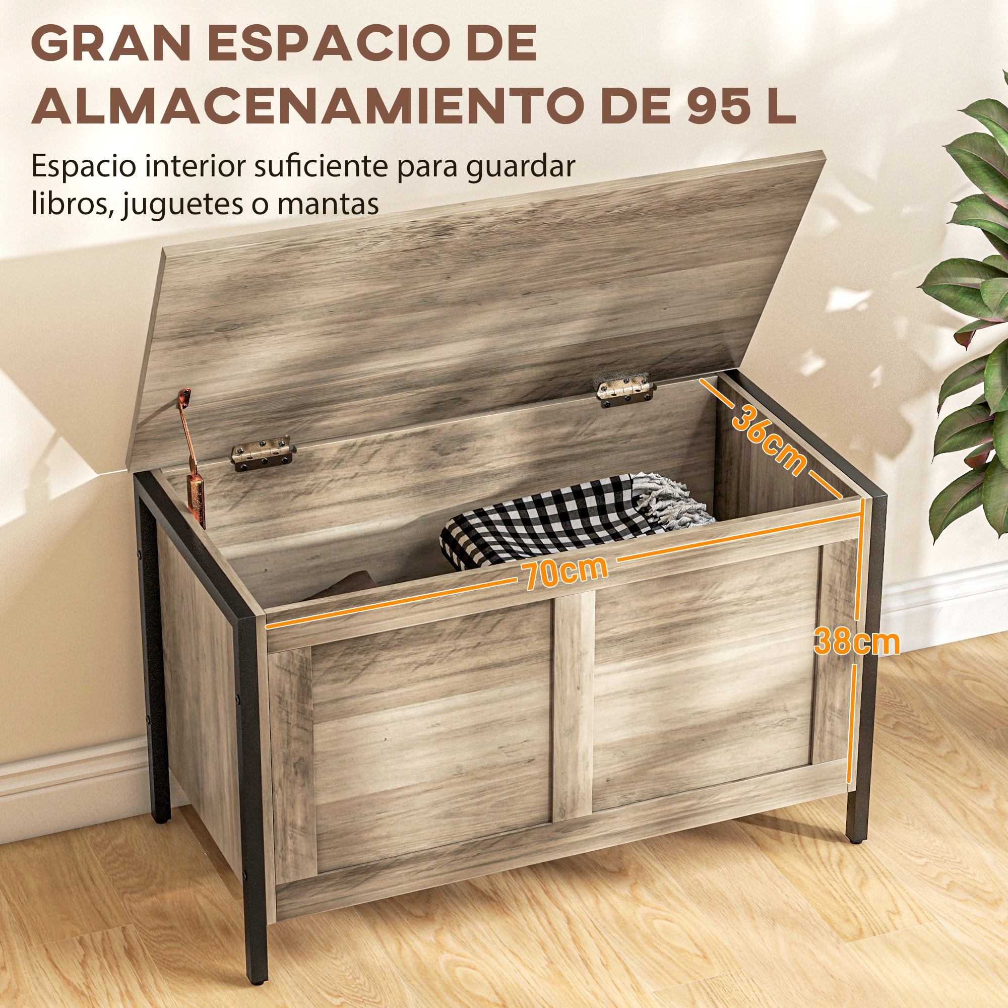 Baúl de Almacenaje para Dormitorio 95 L Puff de Almacenaje con Tapa Banco de Almacenaje Versátil con Bisagra de Seguridad para Pasillo Salón 80x40x49 cm Marrón Grisáceo