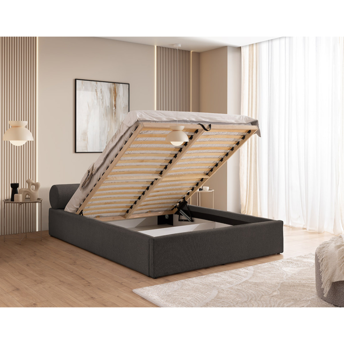 Billy - lit coffre - 160x200 cm - en tissu texturé - sommier inclus - Gris Anthracite