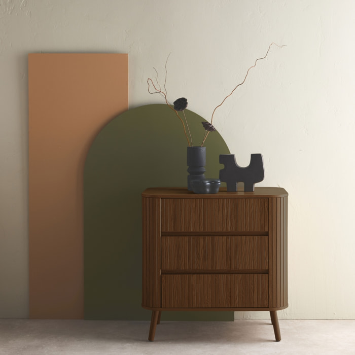 Commode 3 tiroirs. décor strié noyer. L 80x P 45  H 80cm