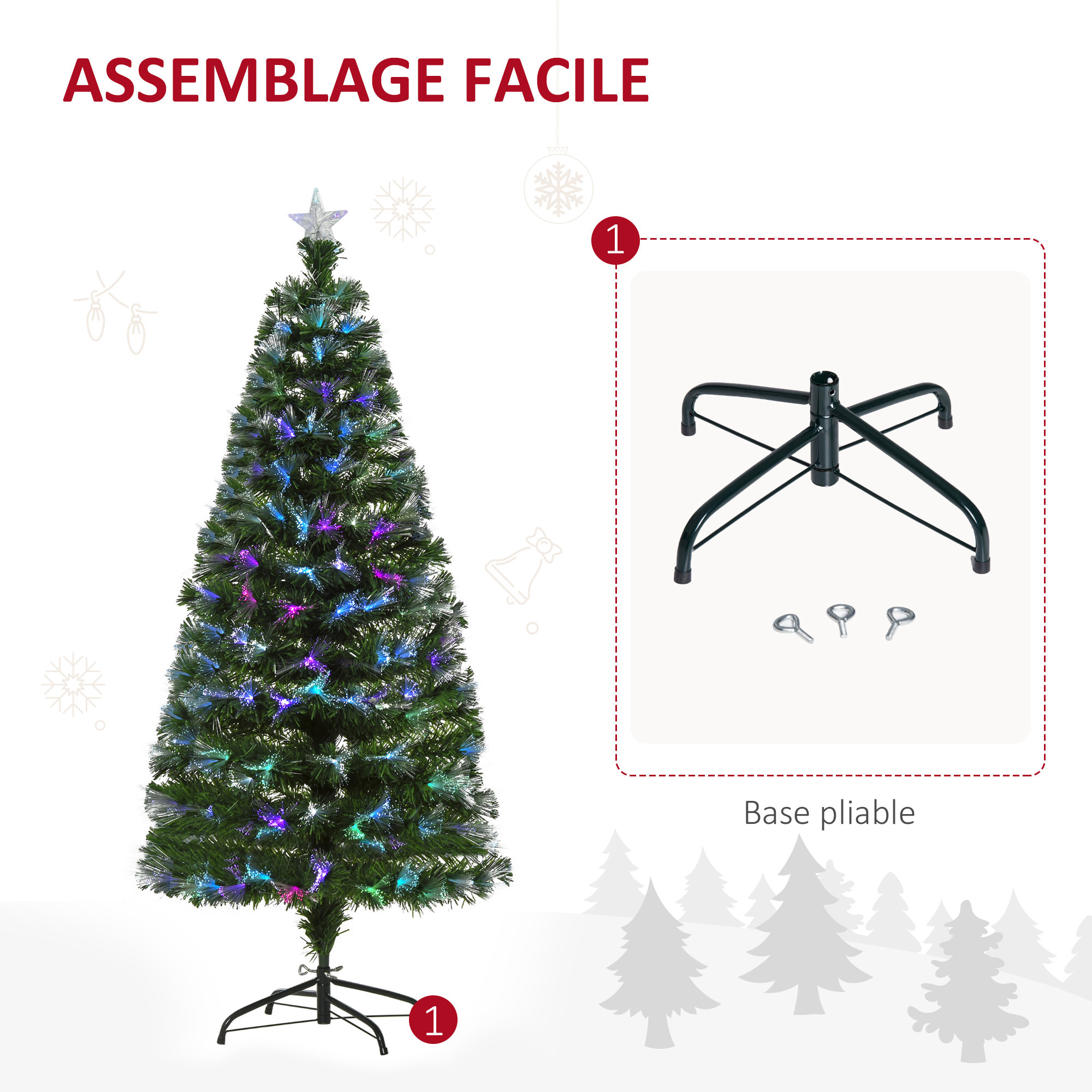 Sapin de Noël artificiel lumineux fibre optique LED multicolore + support pied Ø 74 x 150H cm 180 branches étoile sommet brillante vert