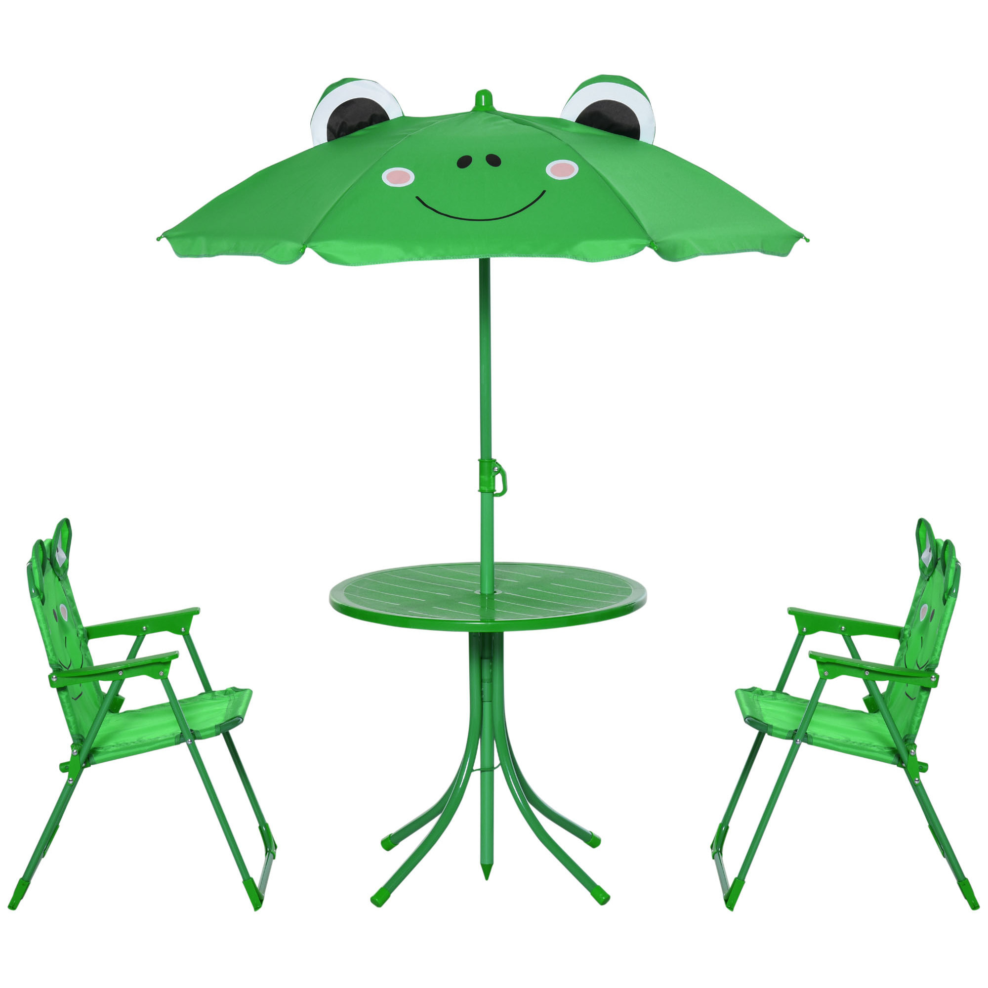 Ensemble salon de jardin enfant 4 pcs design grenouille - table ronde + 2 chaises pliables + parasol - métal époxy oxford vert