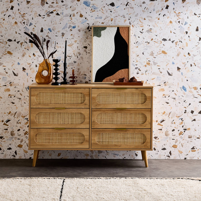 Commode. Eva. 6 tiroirs. décor bois. cannage arrondi L 120 x l 39 x H 79cm