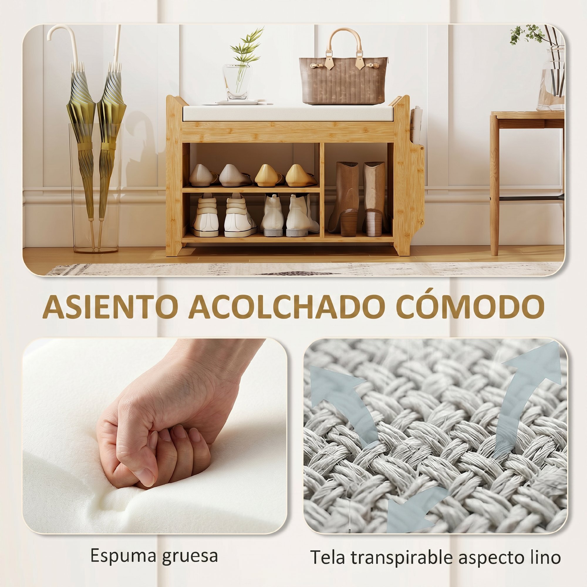 Banco Zapatero, Banco Recibidor con Asiento Acolchado, Almacenamiento Lateral, Estante para Botas, Marco de Bambú, para Entrada, Pasillo, Salón, 80x30x50 cm, Natural y Beige