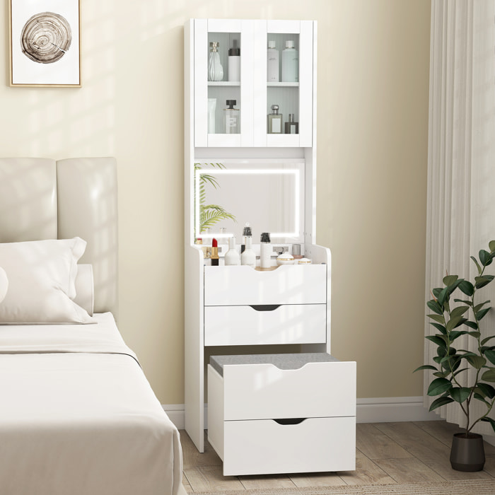 Tocador de Maquillaje con luces LED de 3 Colores, Espejo Abatible y Taburete Acolchado, Mesa de Maquillaje de Vidrio Visible con 3 Cajones y Estantes, para Espacios Reducidos, Vestidor, Blanco