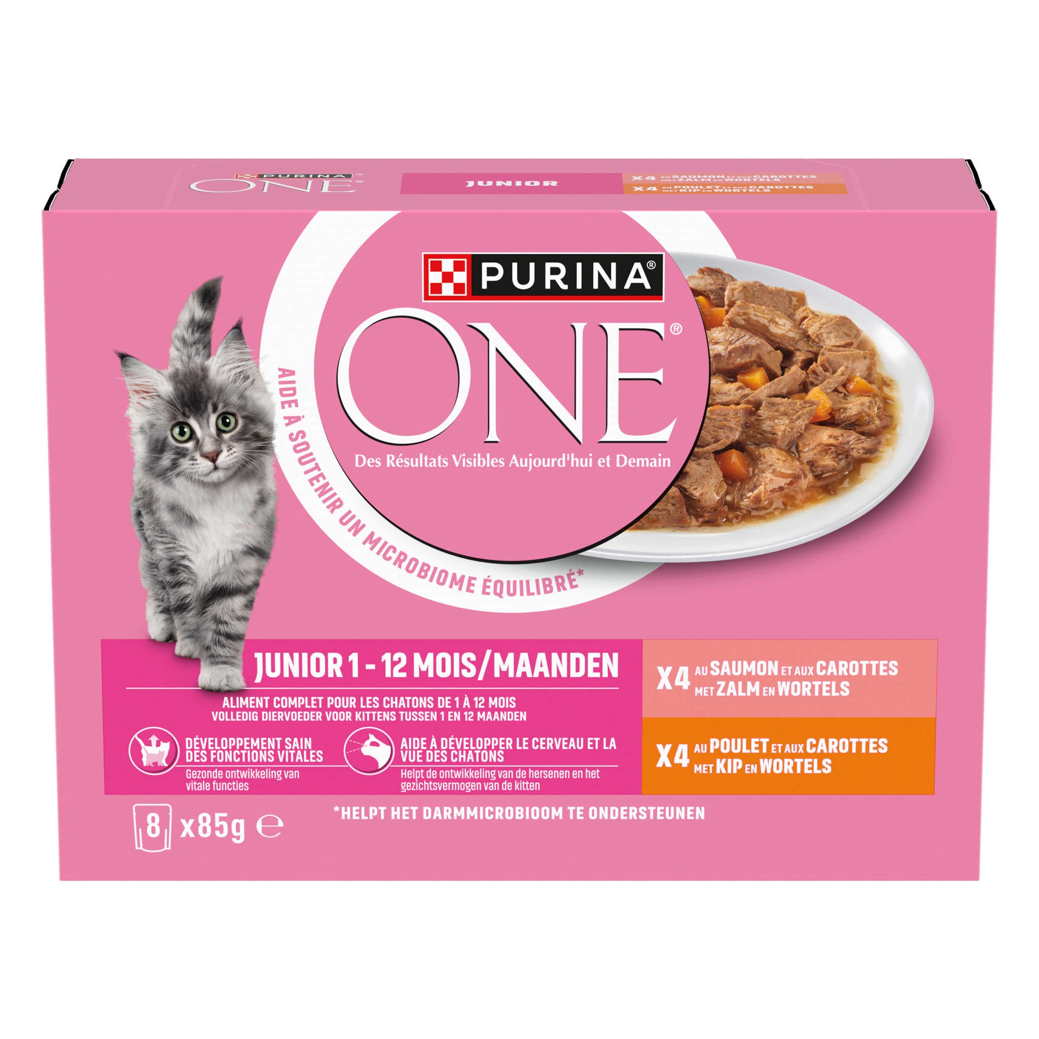 PURINA ONE Chat Kitten Effilés Sauce Saumon Poulet 8x85g - Lot de 10