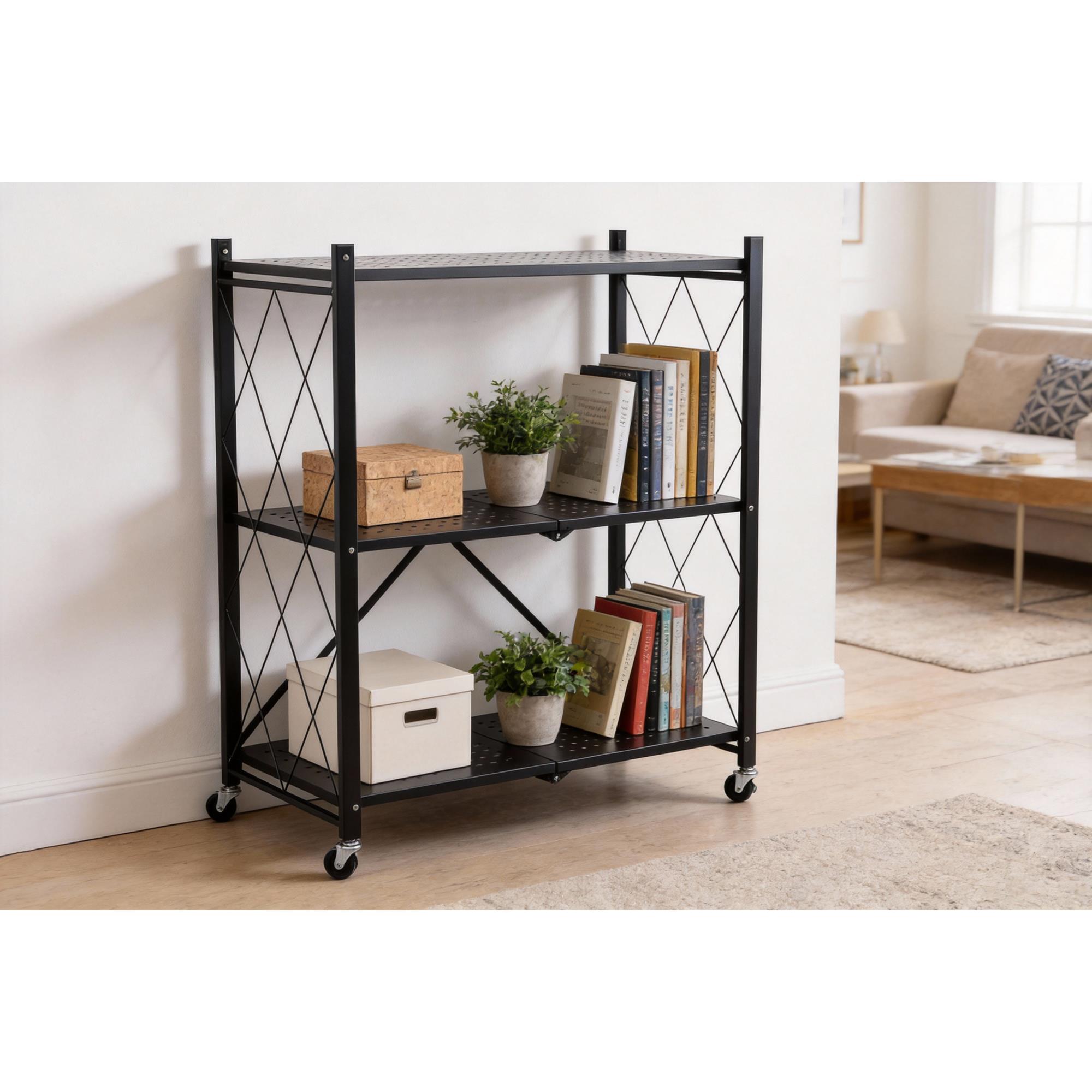 Estantería de Almacenamiento PLEGABLE de 3 Estantes con ruedas, SIN montaje - 71x34x89 cm color Negro