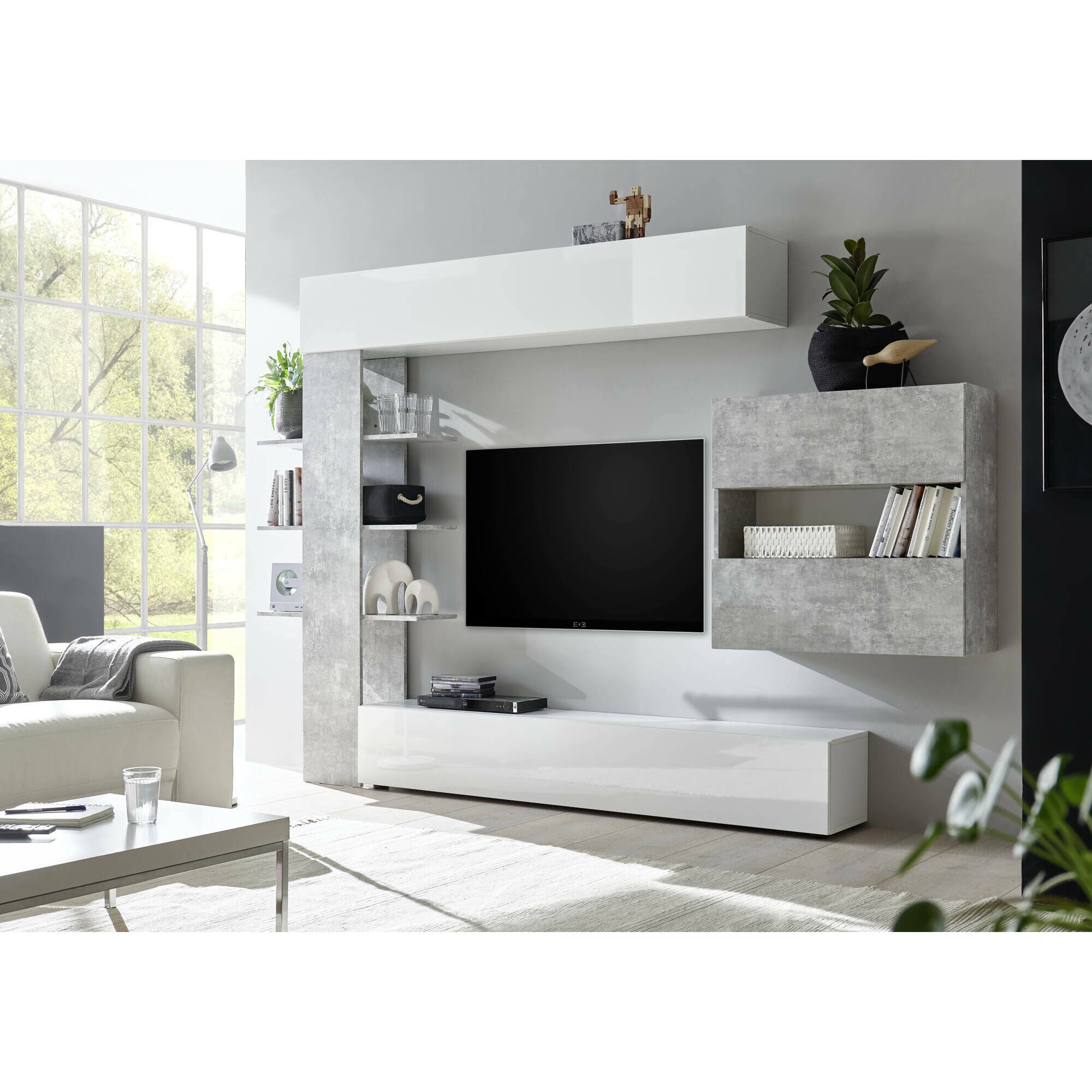 Parete attrezzata Aragosta, Composizione soggiorno, Mobile salotto multiuso, Armadio porta TV, Made in Italy, 295x30 h187 cm, Bianco lucido e Cemento