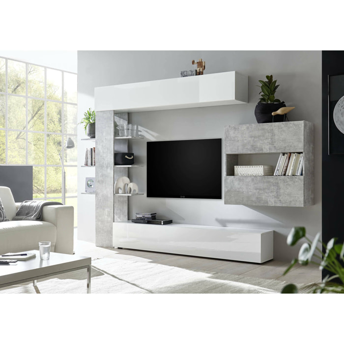 Parete attrezzata Aragosta, Composizione soggiorno, Mobile salotto multiuso, Armadio porta TV, Made in Italy, 295x30 h187 cm, Bianco lucido e Cemento