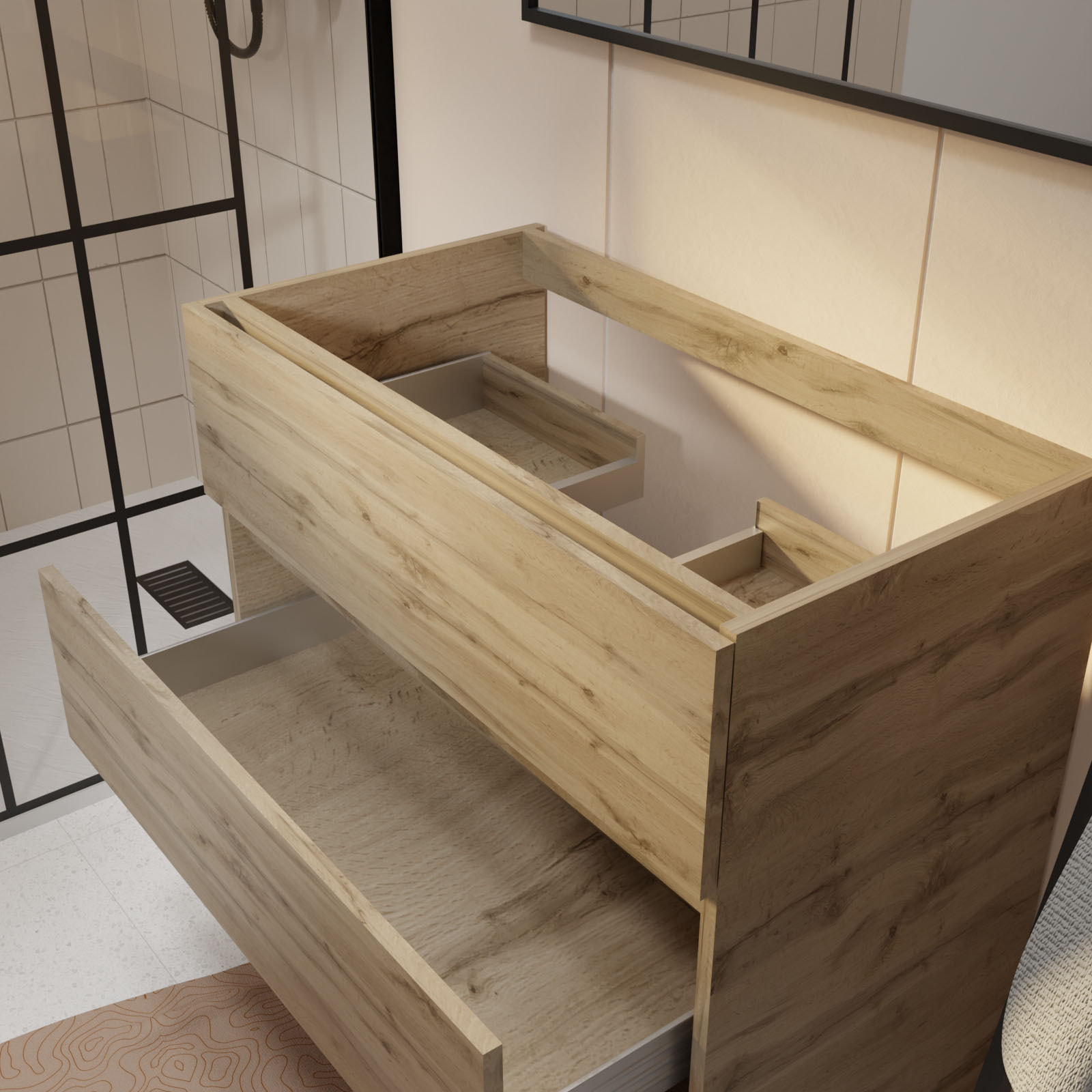 Pack Meuble SDB 80cm sur pieds 3 tiroirs Chene_Vasque blanche + Miroir Led - TIMBER 80_Pack46